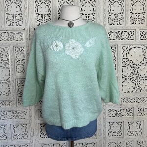 Vintage Mint Green Beaded Floral Fairy Core Granny Cottage Sweater Sz Medium